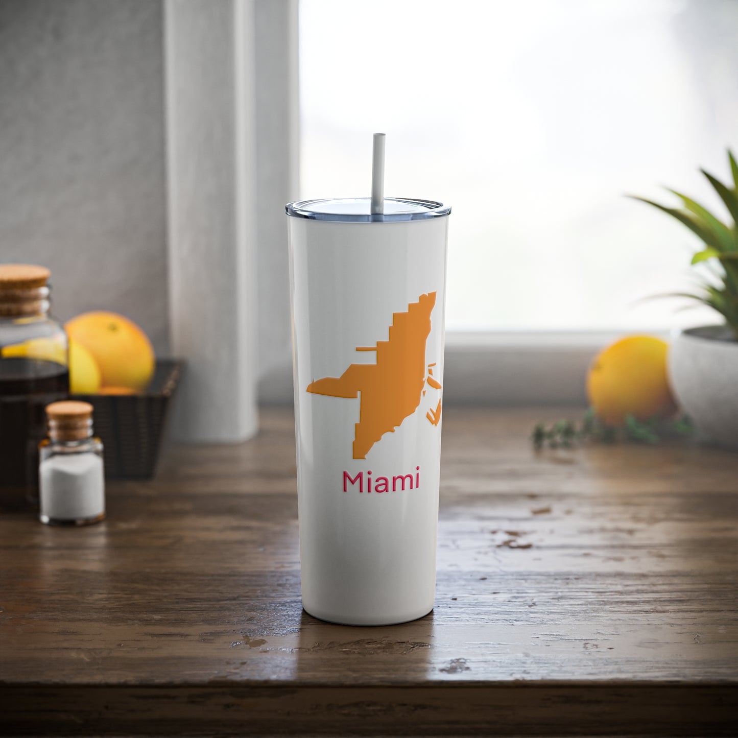 Miami in Orange and Hot Pink Skinny Steel Tumbler with Straw, 20oz
