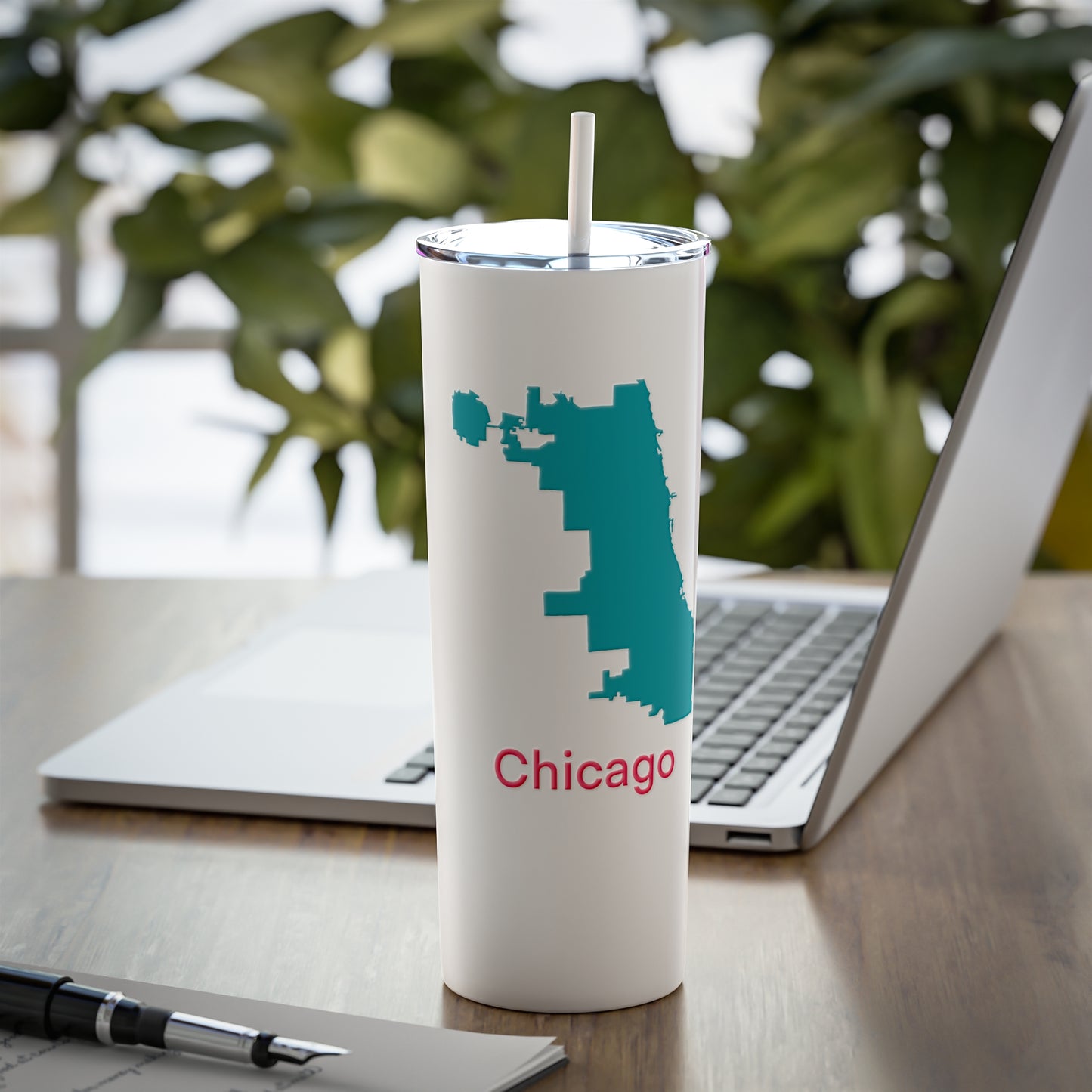 Chicago in Teal and Hot Pink Skinny Steel Tumbler with Straw, 20oz