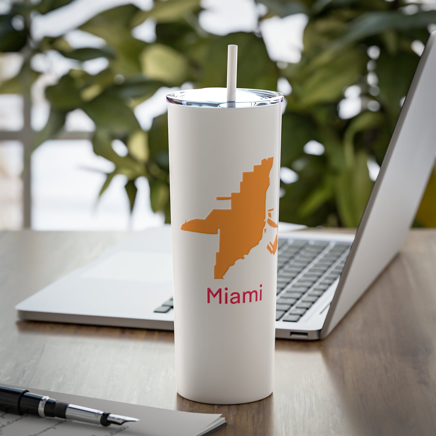 Miami in Orange and Hot Pink Skinny Steel Tumbler with Straw, 20oz