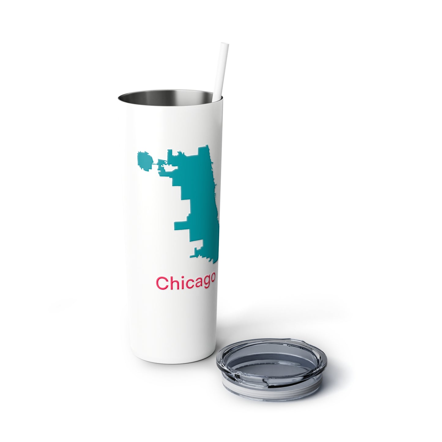 Chicago in Teal and Hot Pink Skinny Steel Tumbler with Straw, 20oz