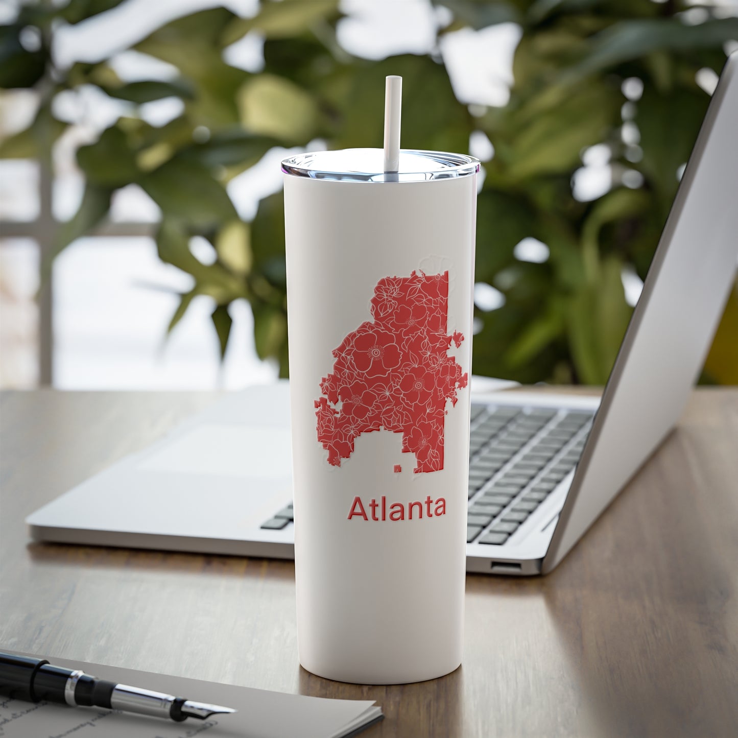 Atlanta in Bloom Salmon Pink Skinny Steel Tumbler with Straw, 20oz