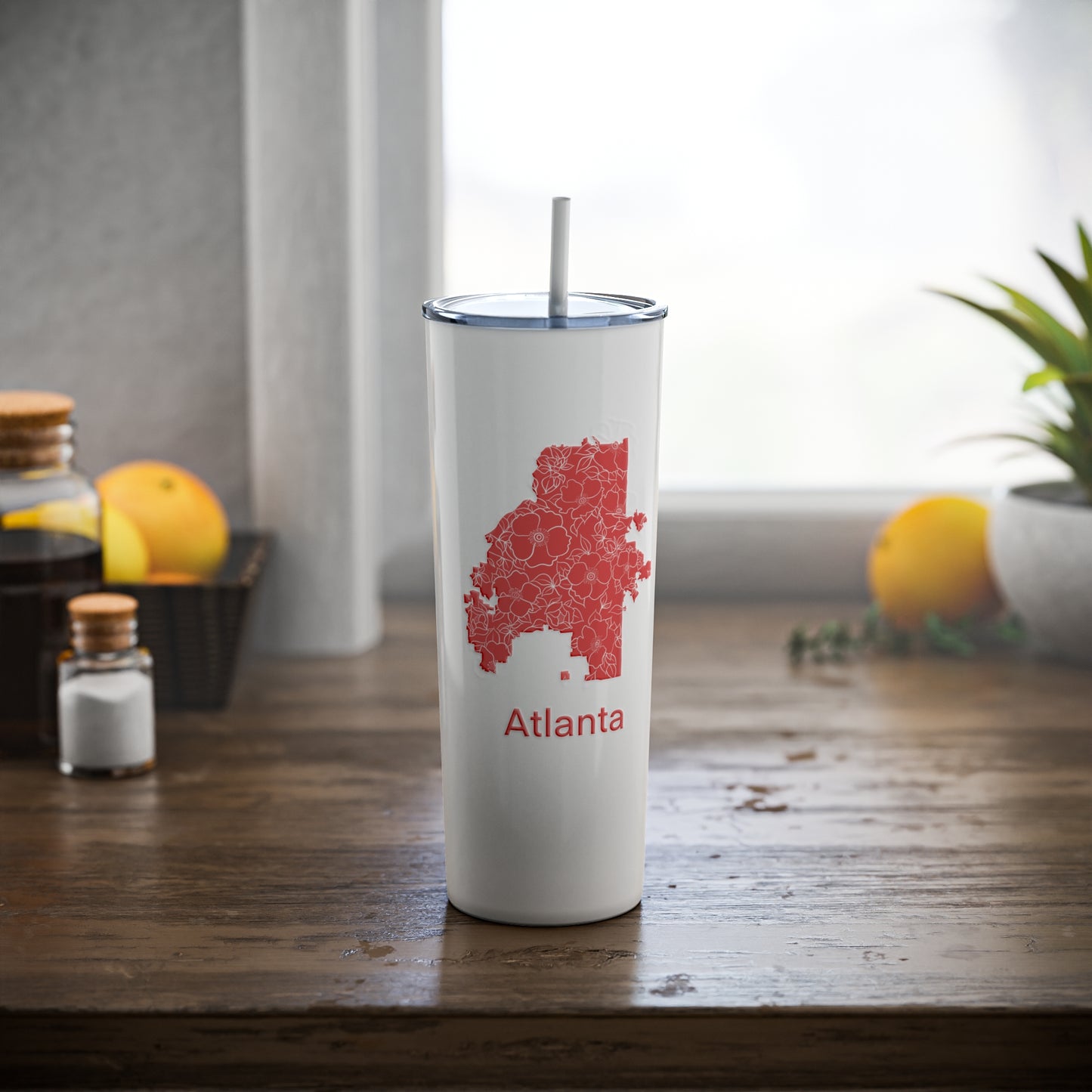 Atlanta in Bloom Salmon Pink Skinny Steel Tumbler with Straw, 20oz