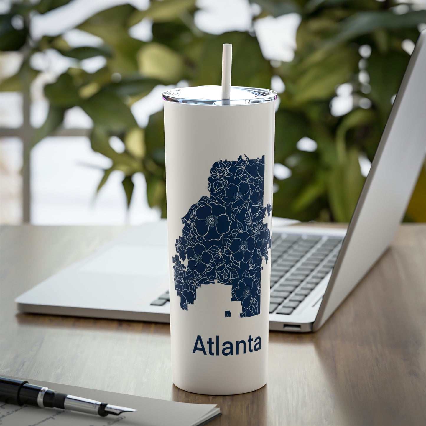 Flowering Atlanta Blue Skinny Steel Tumbler with Straw, 20oz