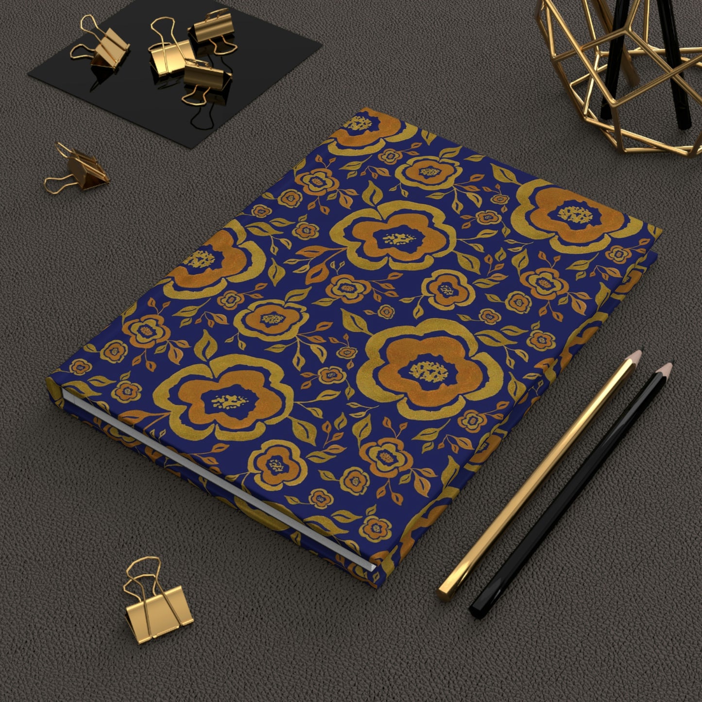 Yoga Journal - Blue with Gold Flowers Hardcover Journal Matte