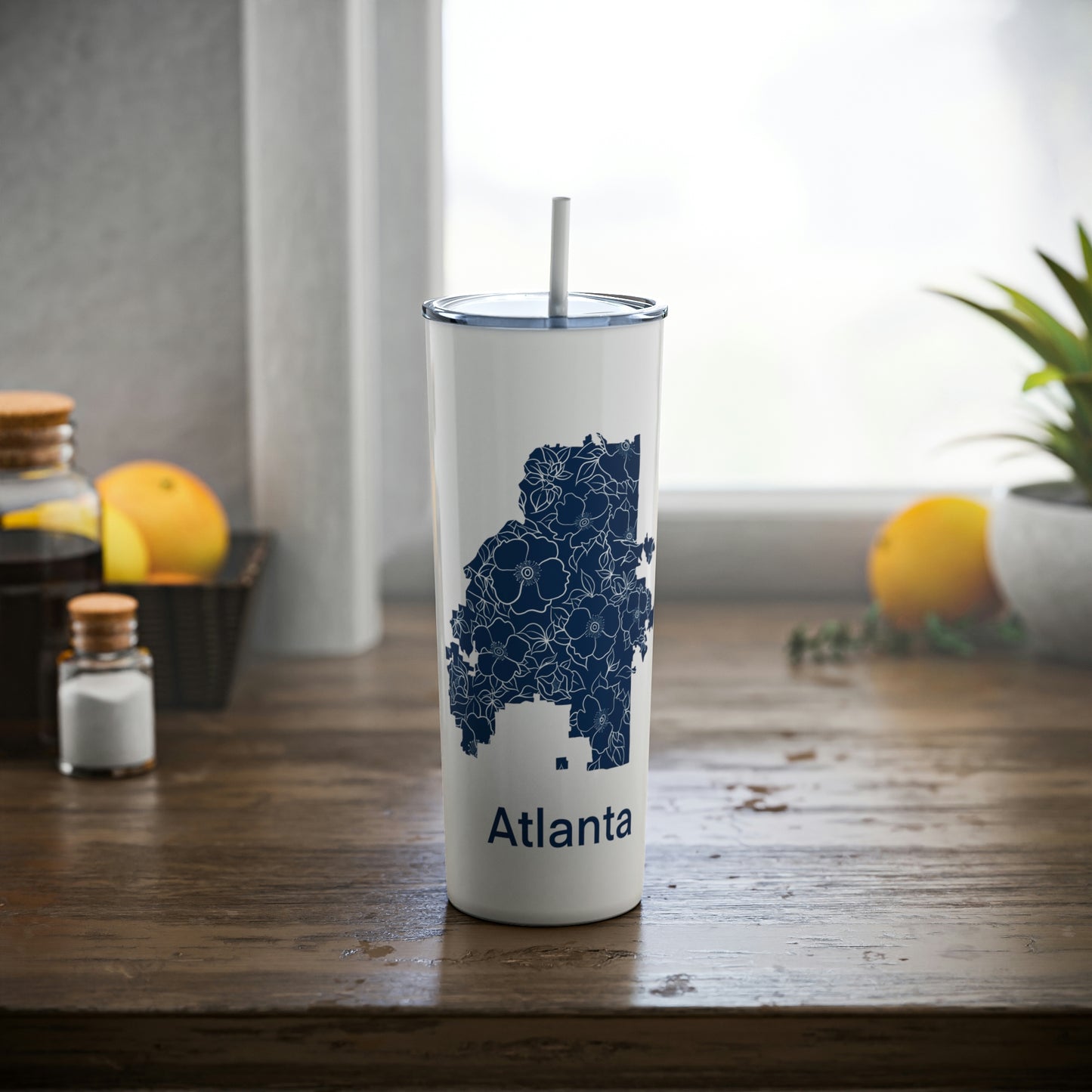 Flowering Atlanta Blue Skinny Steel Tumbler with Straw, 20oz