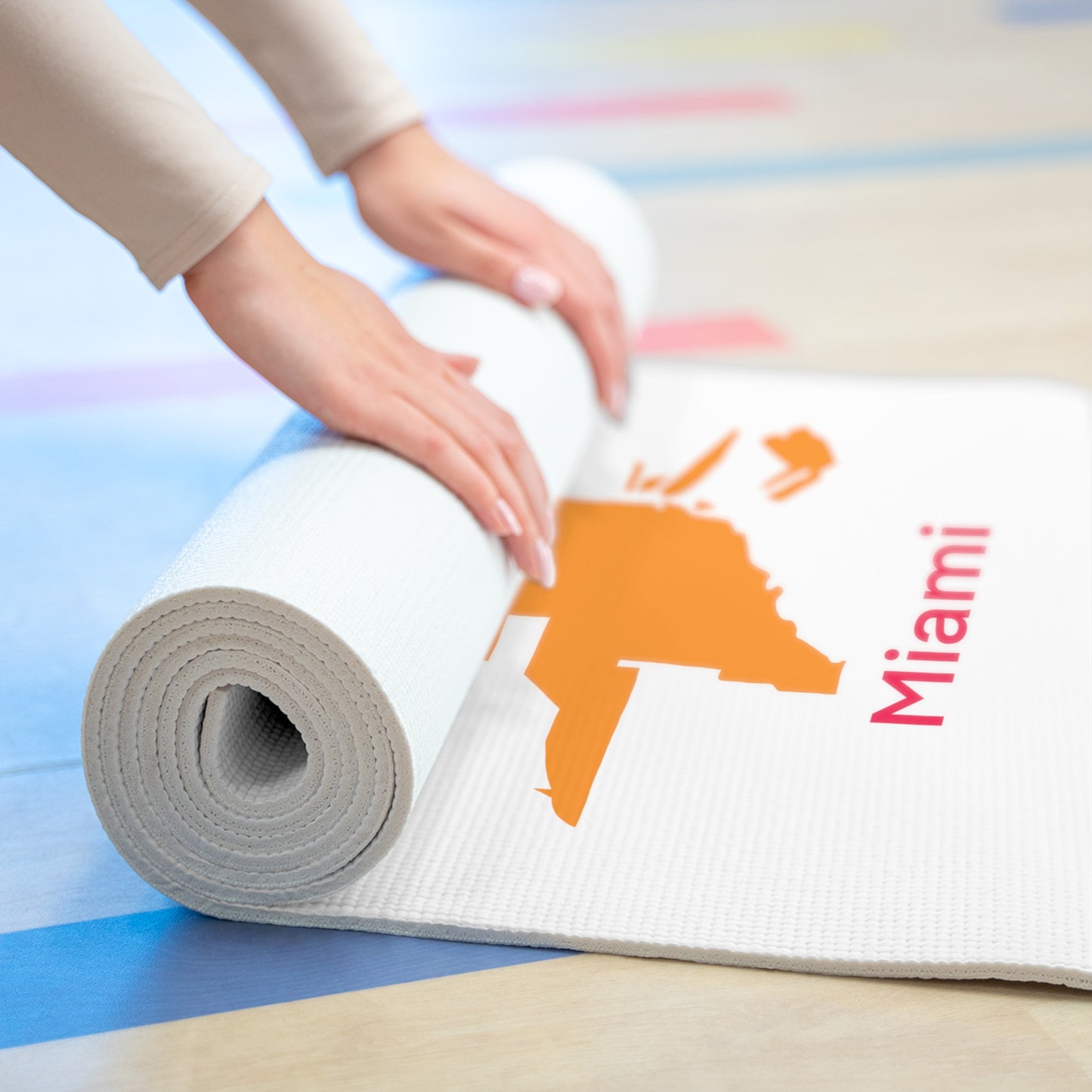 Foam Yoga Mat White - Miami Orange Hot Pink